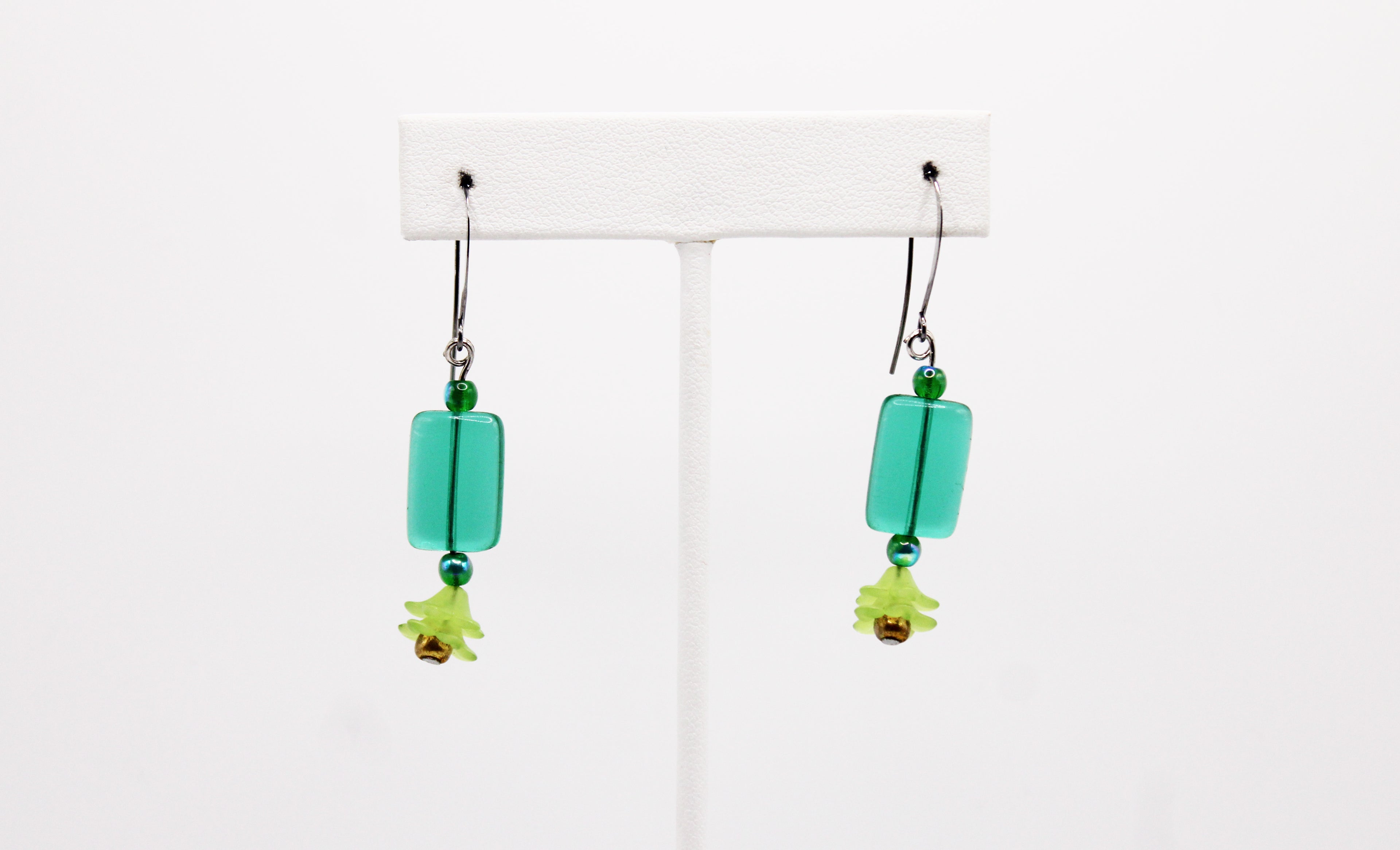 Shadows of Green Earrings - Green Flowers and Rectangle Beads by Jennifer Lipman-Bartel