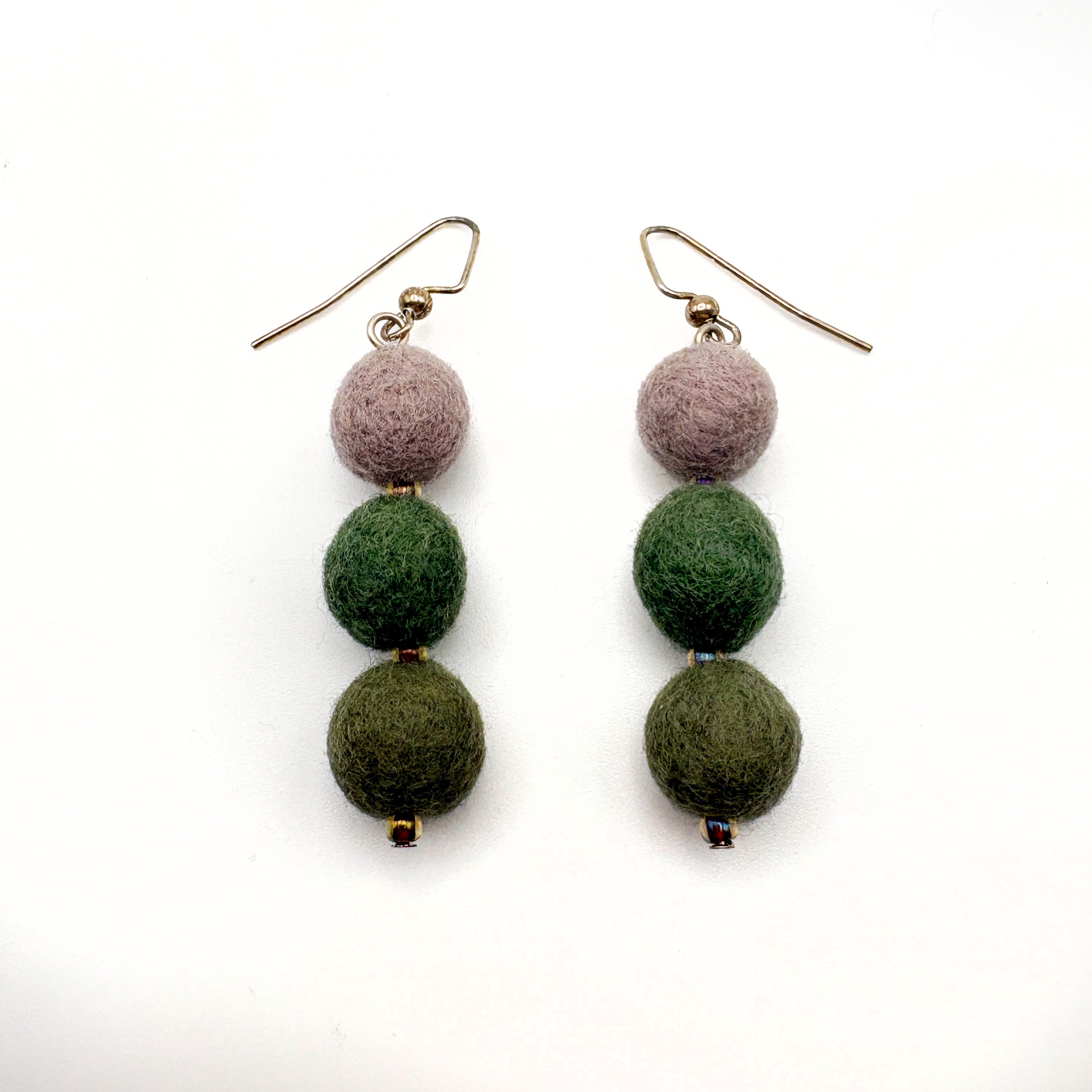 Fuzzy Ball Earrings #1 - Green/Grey by Teresa Shields