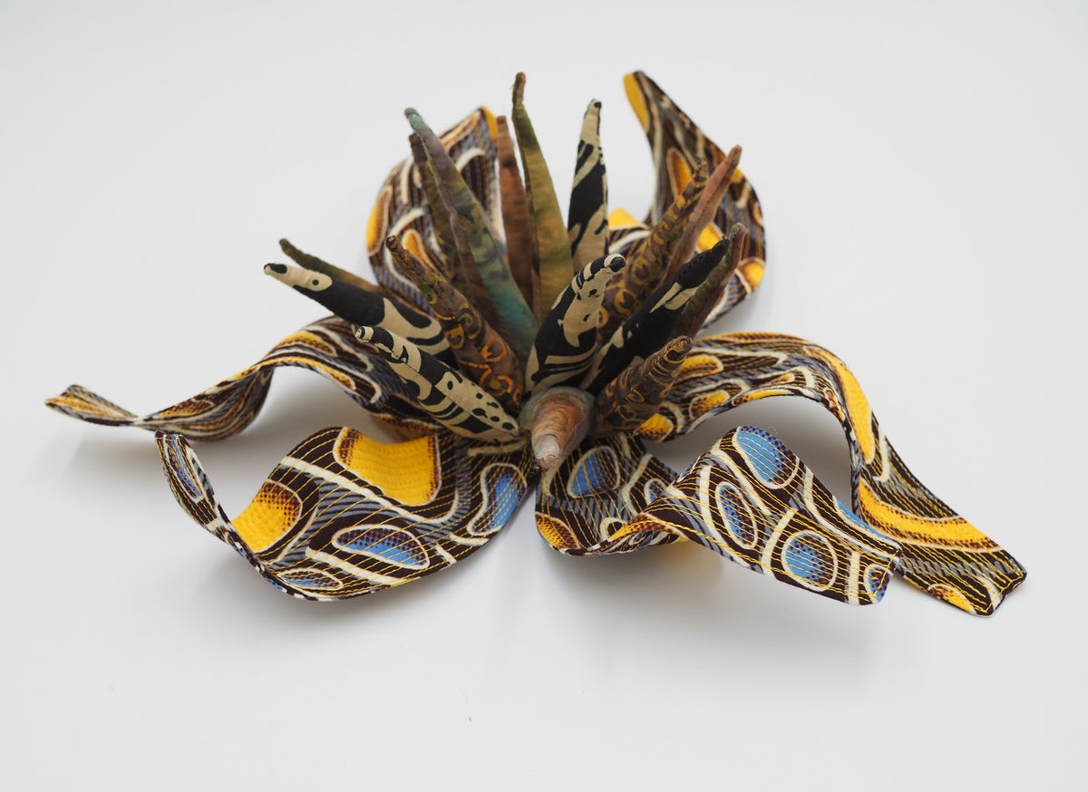 Echinacea Sweater Brooch Blue/Yellow Dutch Wax by Andrea Finch