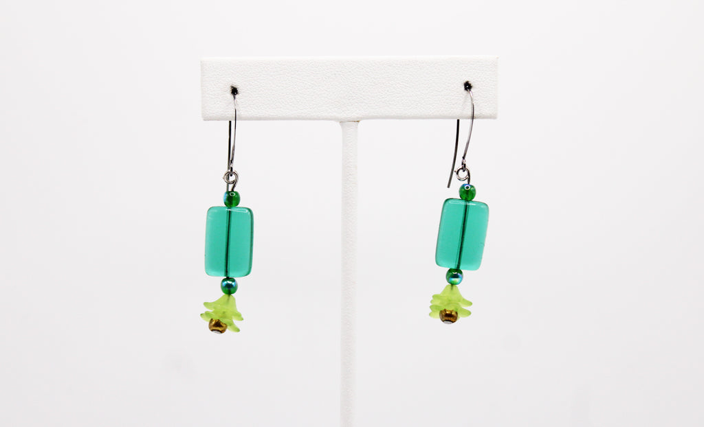 Shadows of Green Earrings - Green Flowers and Rectangle Beads by Jennifer Lipman-Bartel