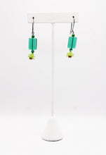 Load image into Gallery viewer, Shadows of Green Earrings - Green Flowers and Rectangle Beads by Jennifer Lipman-Bartel
