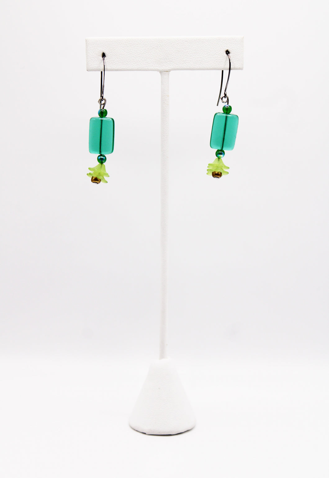 Shadows of Green Earrings - Green Flowers and Rectangle Beads by Jennifer Lipman-Bartel