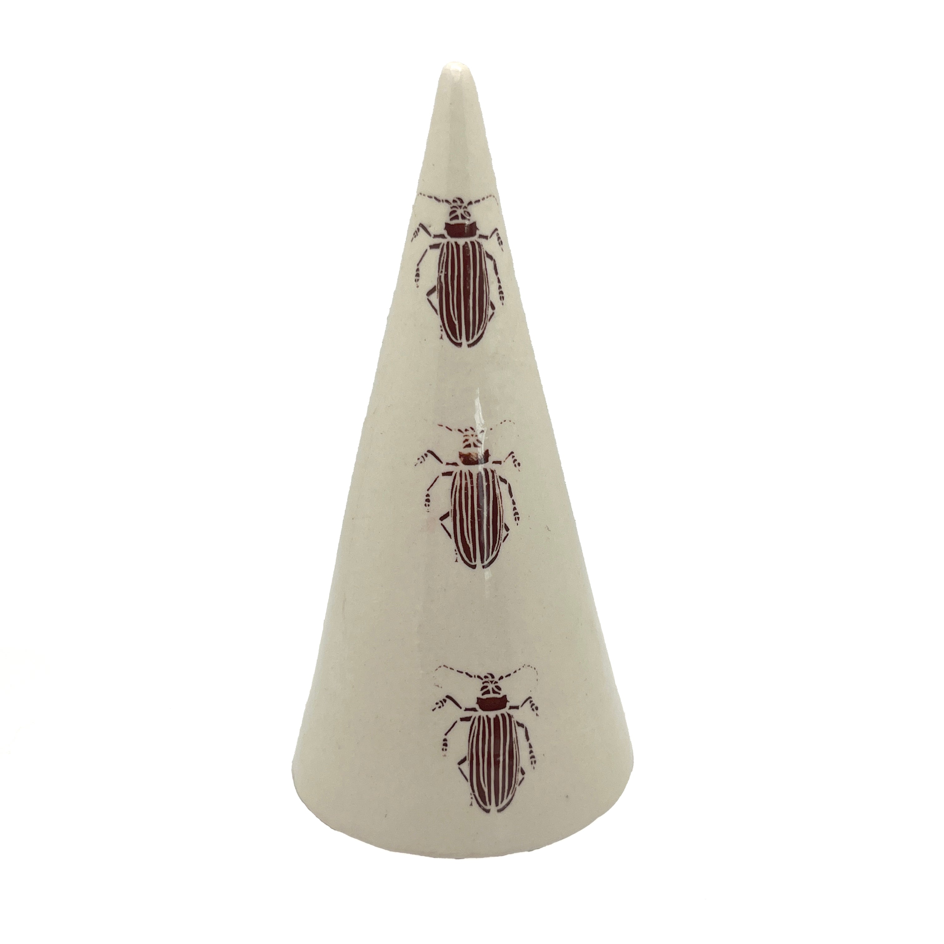 White cone, circle base, bug decal by Lynne Berman