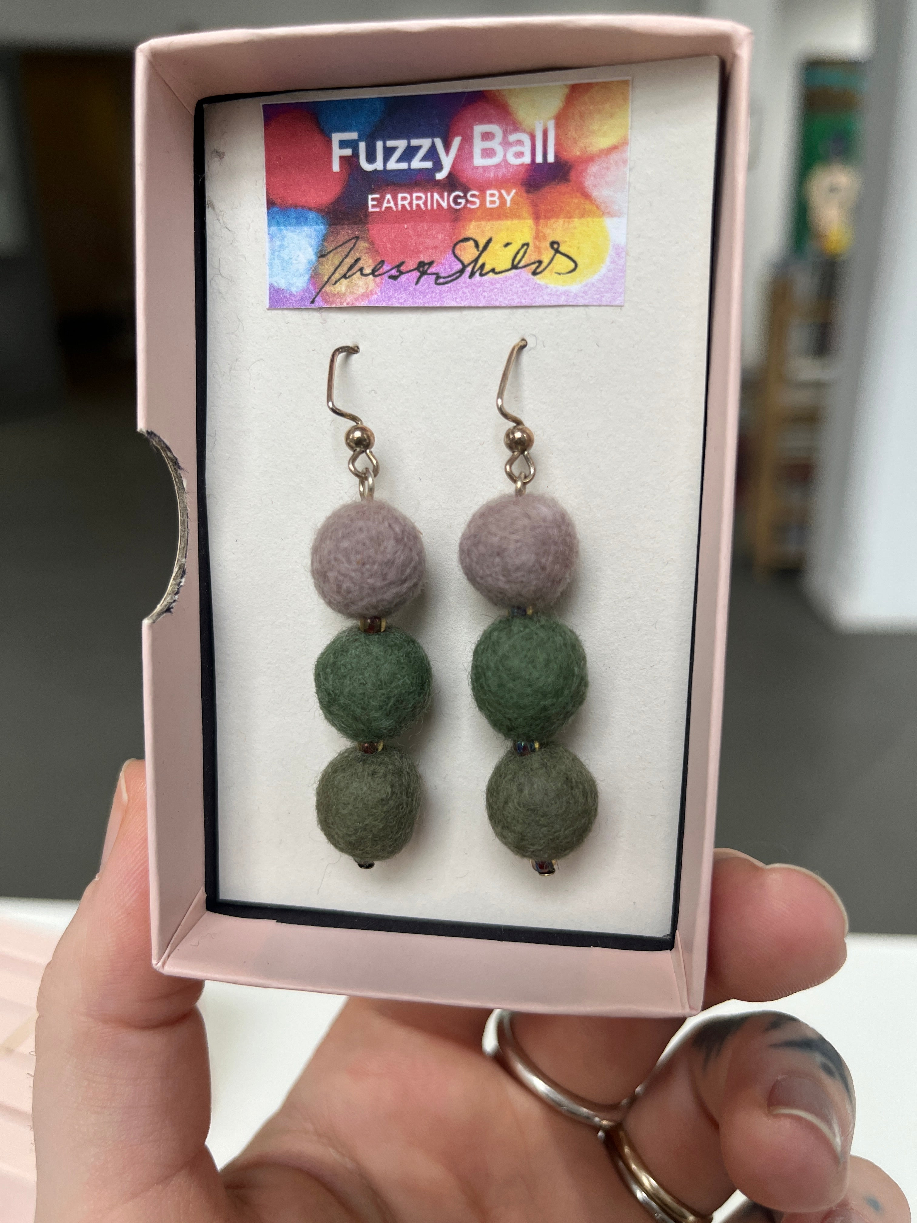 Fuzzy Ball Earrings #1 - Green/Grey by Teresa Shields