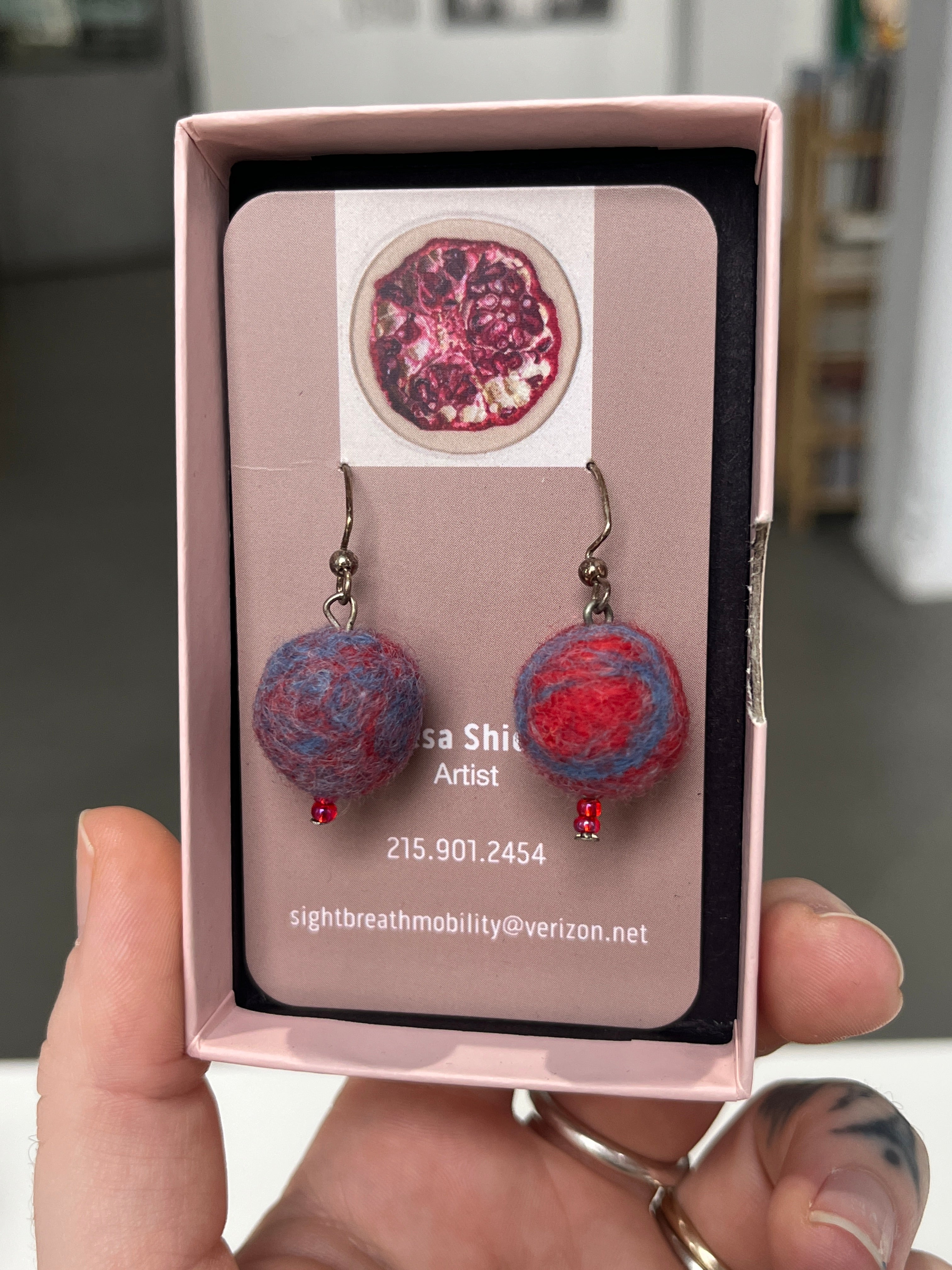 Fuzzy Ball Earrings #3 - Pomegranate  by Teresa Shields