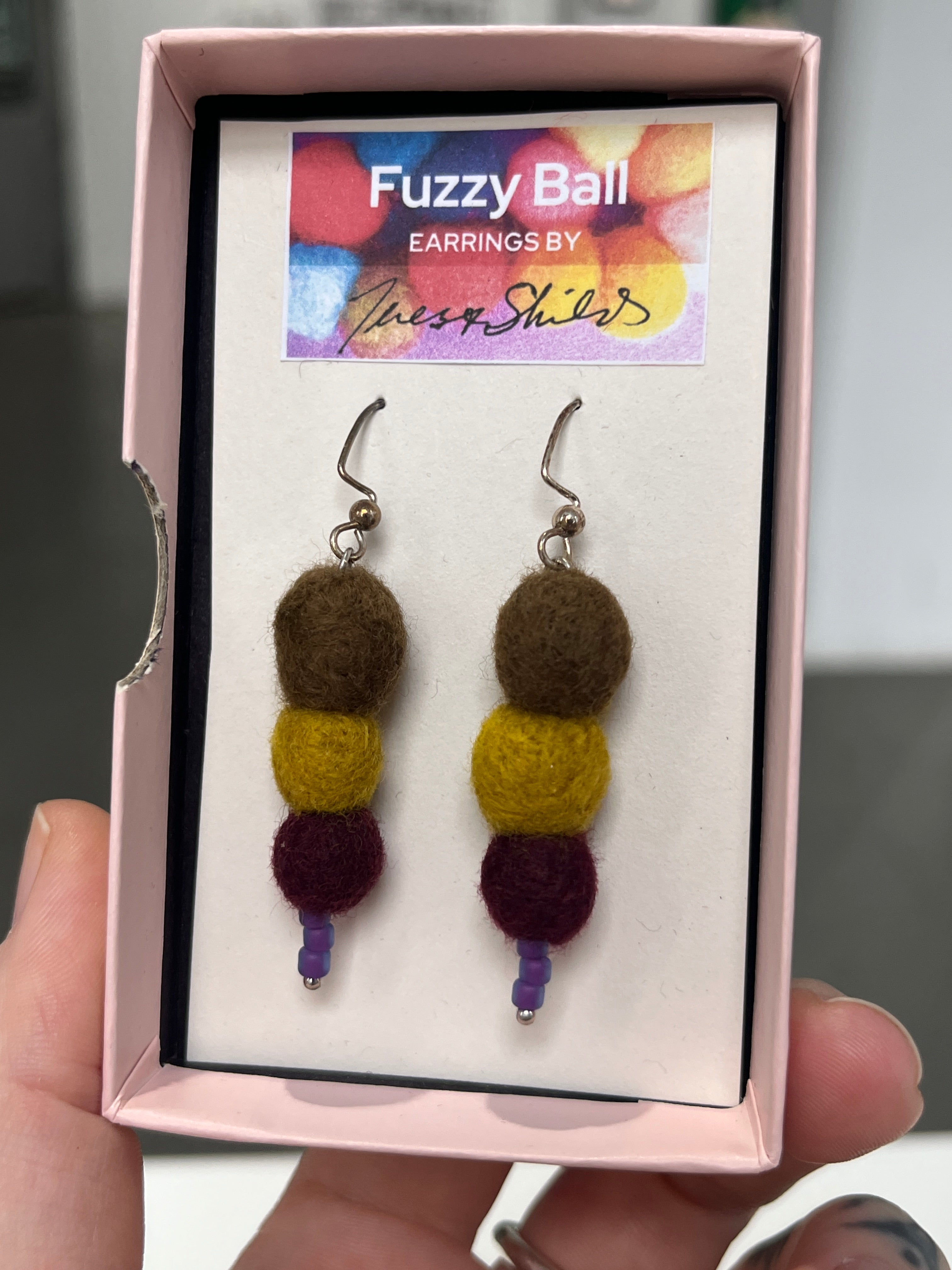 Fuzzy Ball Earrings #11 - Kalamata by Teresa Shields