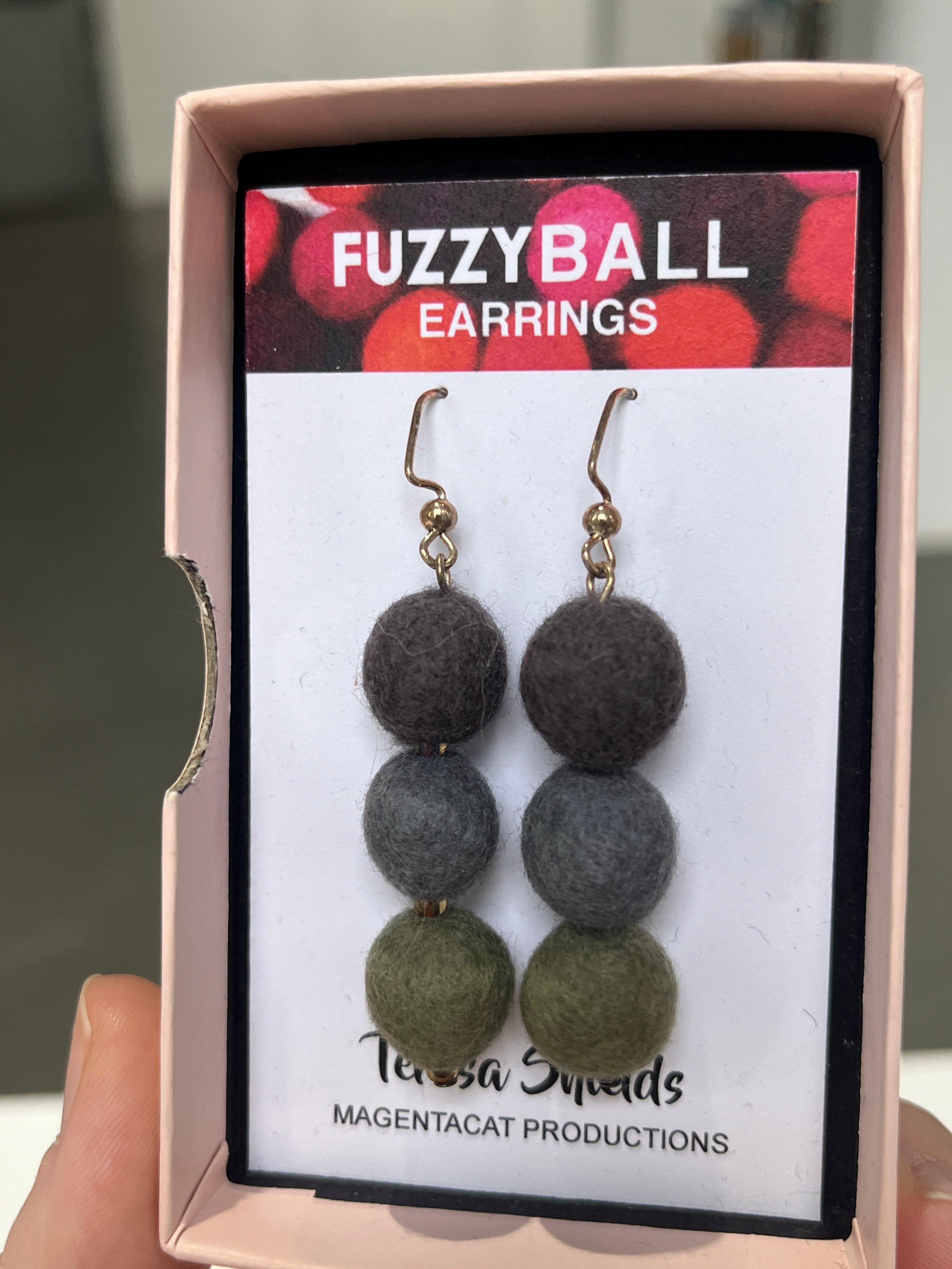 Fuzzy Ball Earrings #14 - Fog by Teresa Shields