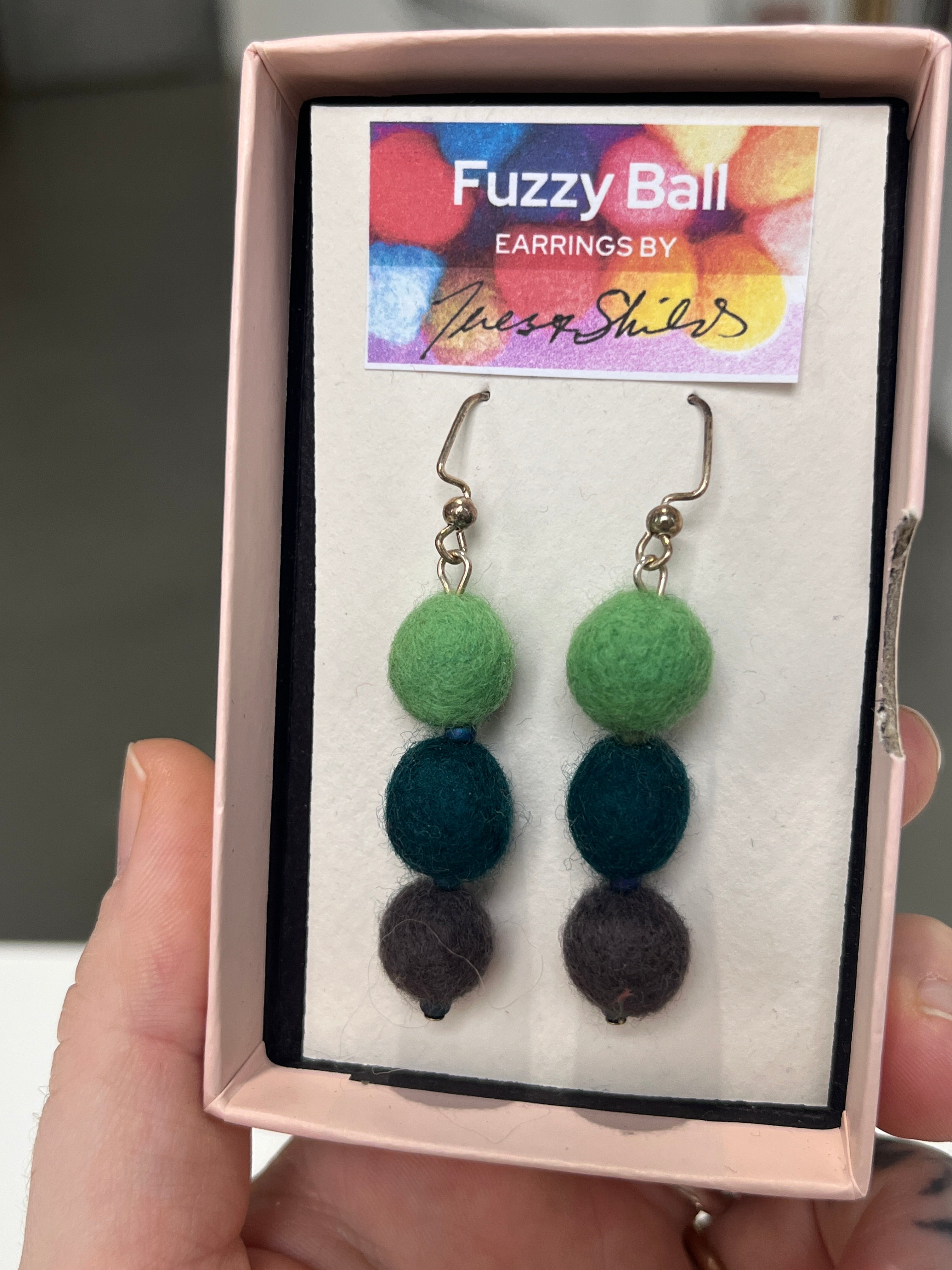 Fuzzy Ball Earrings #17 - Greens by Teresa Shields