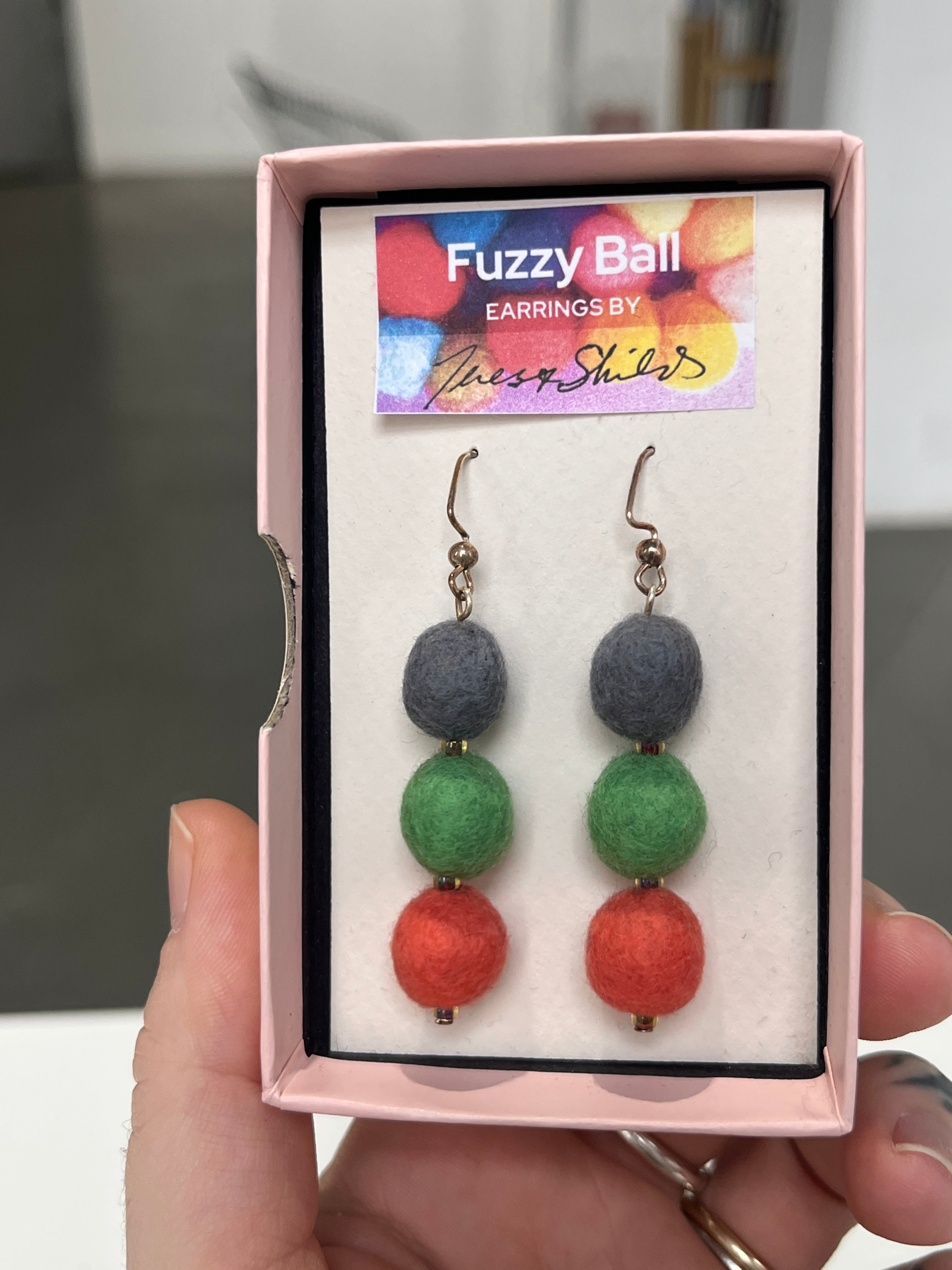 Fuzzy Ball Earrings #19 - Green, Grey, Orange by Teresa Shields