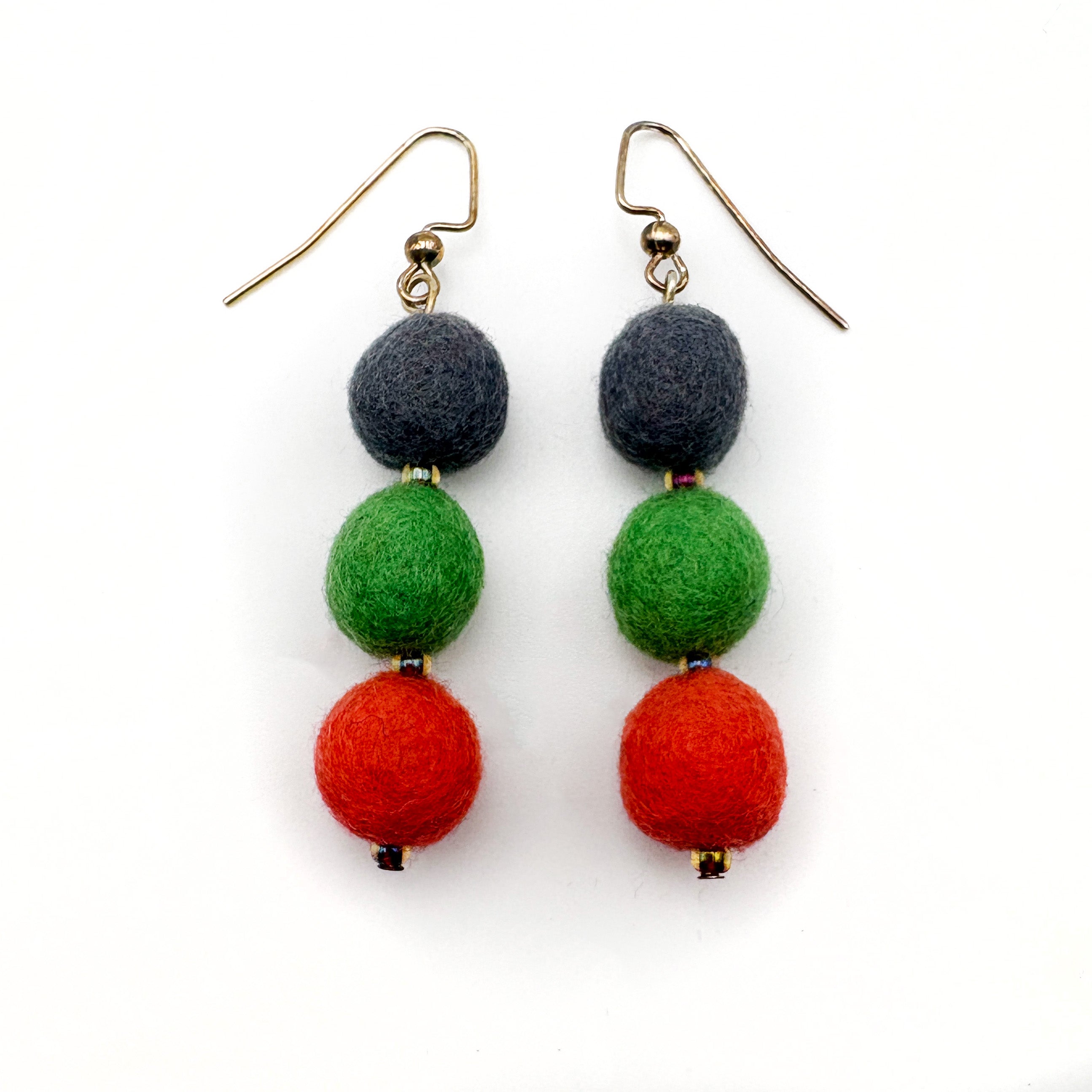 Fuzzy Ball Earrings #19 - Green, Grey, Orange by Teresa Shields