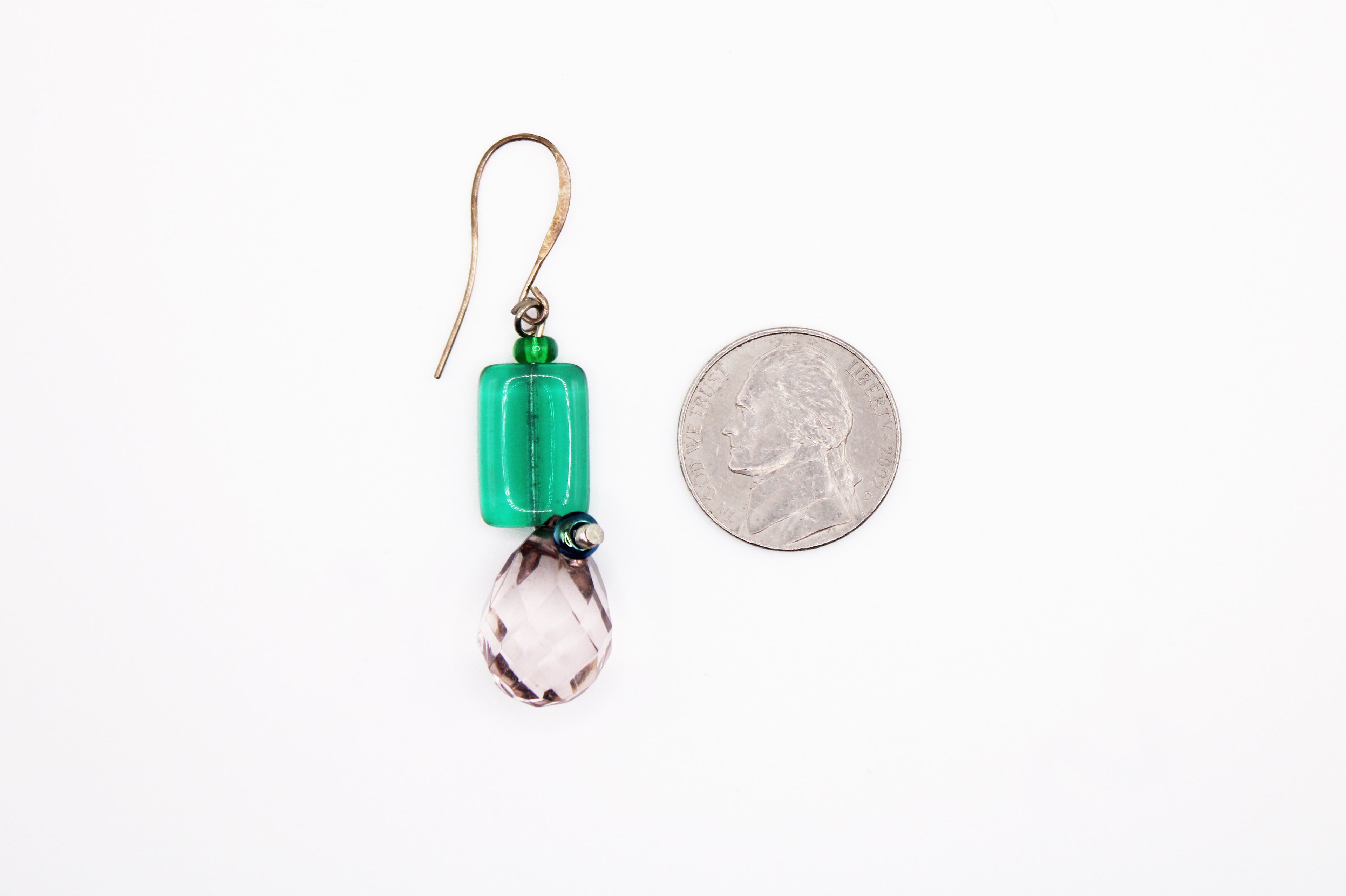 Shadows of Green Earrings - Pink Bulbs and Green Rectangles by Jennifer Lipman-Bartel