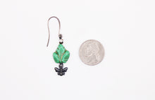 Load image into Gallery viewer, Shadows of Green Earrings - Teal Leaves and Bees by Jennifer Lipman-Bartel
