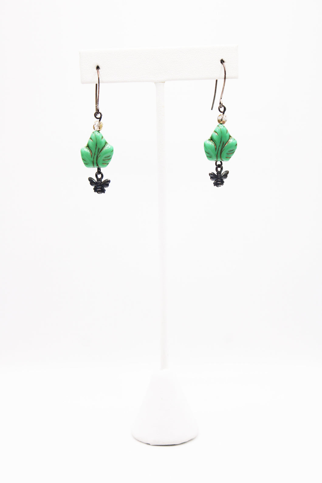 Shadows of Green Earrings - Teal Leaves and Bees by Jennifer Lipman-Bartel