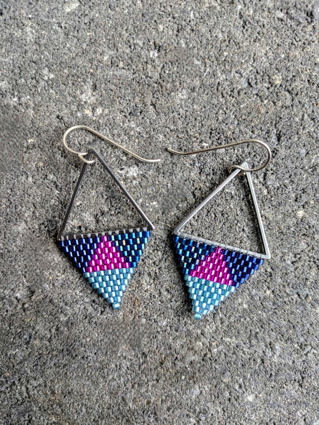 Triangle seed bread earrings (Blue & Pink) #2 by Loominous Jewelry