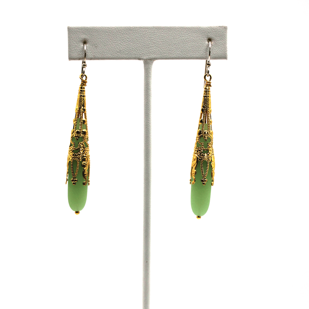 Green and Gold Sea Glass Drop Earrings - KATGR1 - 0034 by Kathleen Greco