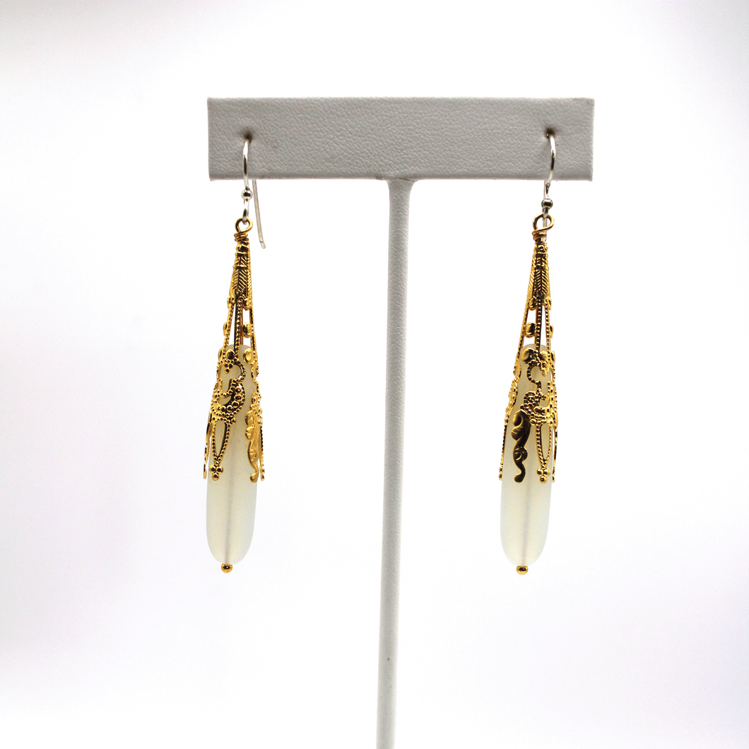 White and Gold Sea Glass Drop Earrings - KATGR1 - 0031 (2) by Kathleen Greco