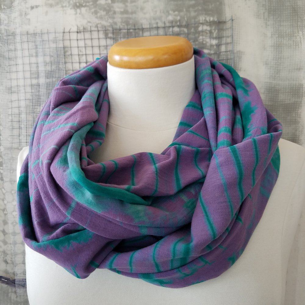Purple and Green Vat Dyed Arashi Shibori Wide Cotton Infinity Scarf by Dianne Koppisch Hricko
