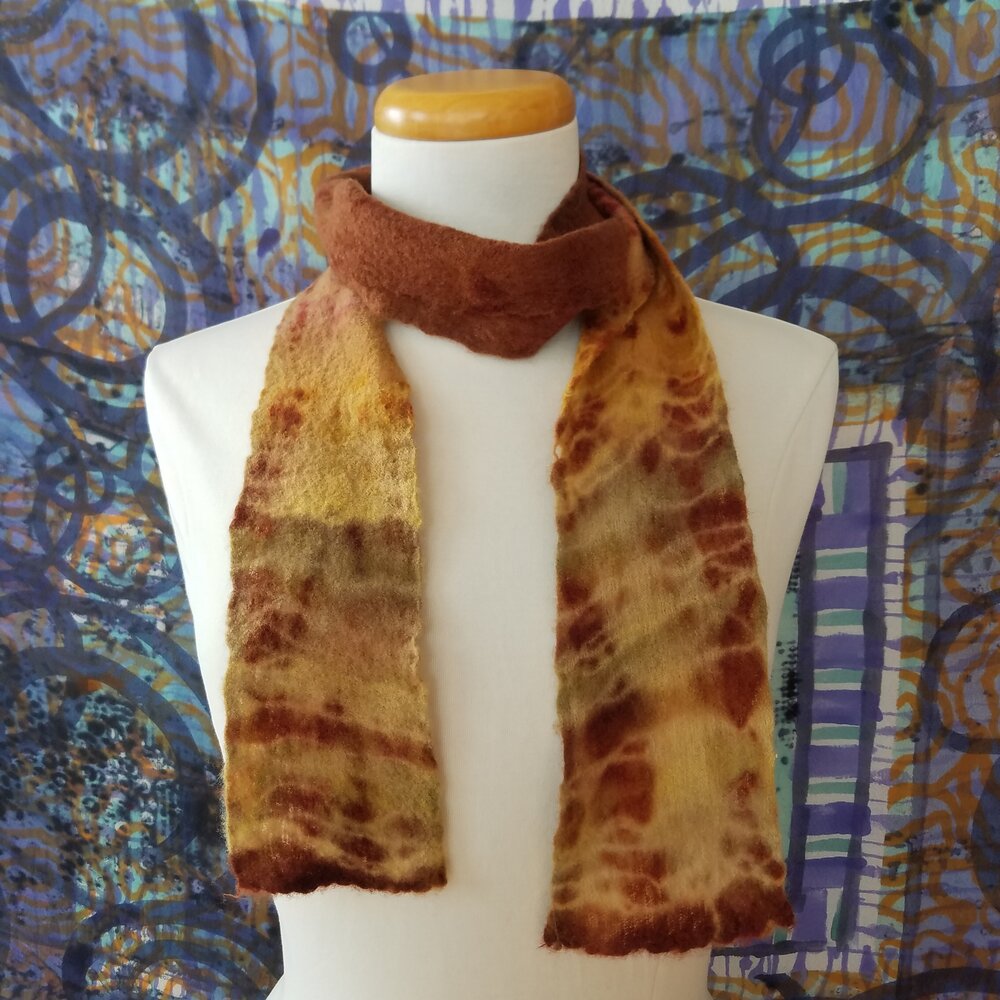 Rust Brown, Red, Mustard Merino Wool Gauze Scarf by Dianne Koppisch Hricko