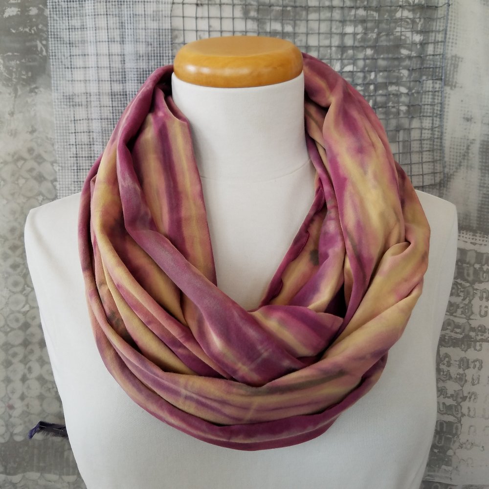 Pink and Peach Sherbert Arashi Shibori Wide Cotton Infinity Scarf by Dianne Koppisch Hricko